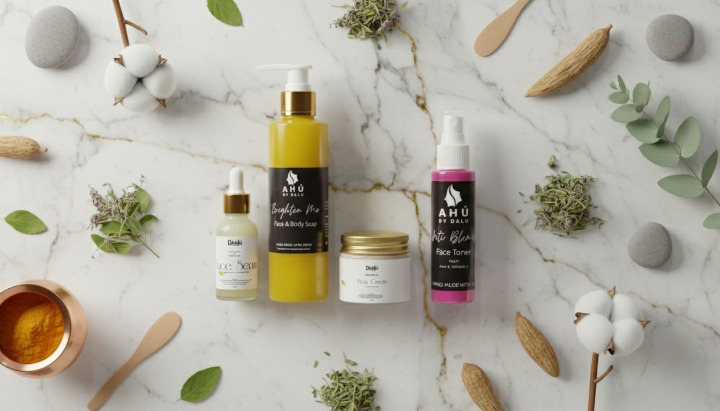 Daallu natural skincare products and botanical ingredients arranged in a minimalist apothecary setting