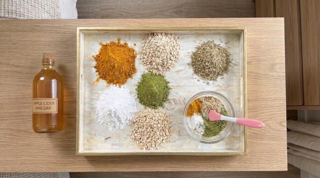 Daallu natural skincare products and botanical ingredients arranged in a minimalist apothecary setting